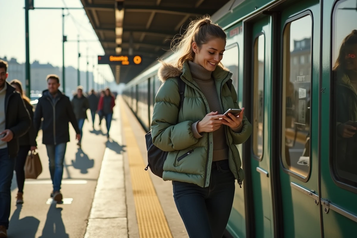 Voyageuse sortant d'un RER en banlieue parisienne avec un pass Navigo toutes zones