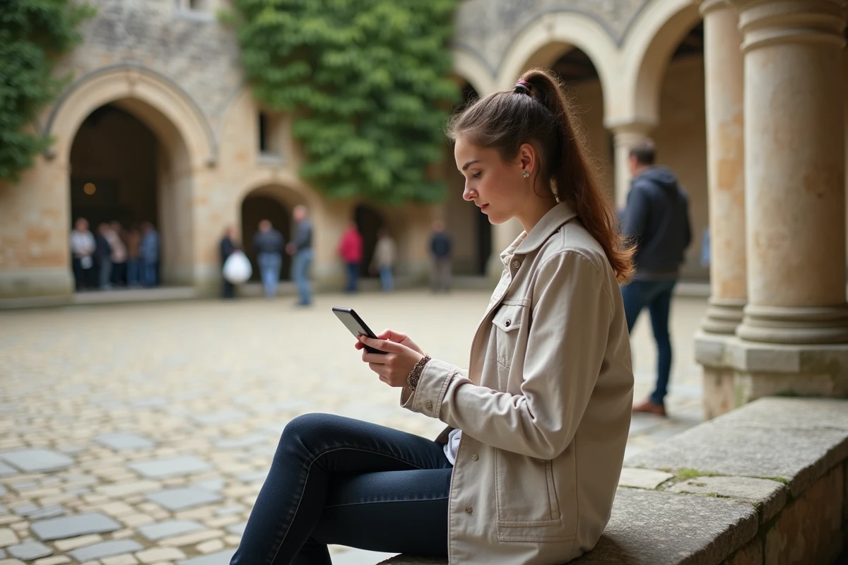 Jeune femme consultant sa réservation en ligne sur smartphone dans la cour intérieure d'un château fort