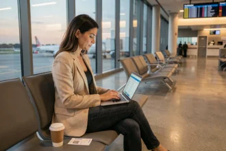Femme consultant des prix de vols Paris Dubaï sur un ordinateur portable dans un salon d'aéroport moderne au lever du soleil