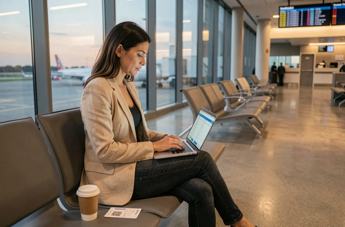 Femme consultant des prix de vols Paris Dubaï sur un ordinateur portable dans un salon d'aéroport moderne au lever du soleil