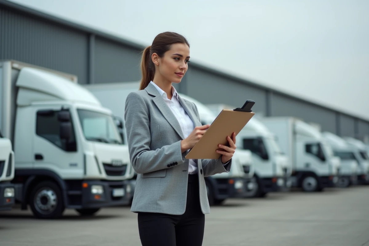Responsable logistique féminine optimisant les tournées de livraison devant une flotte de véhicules utilitaires dans un dépôt