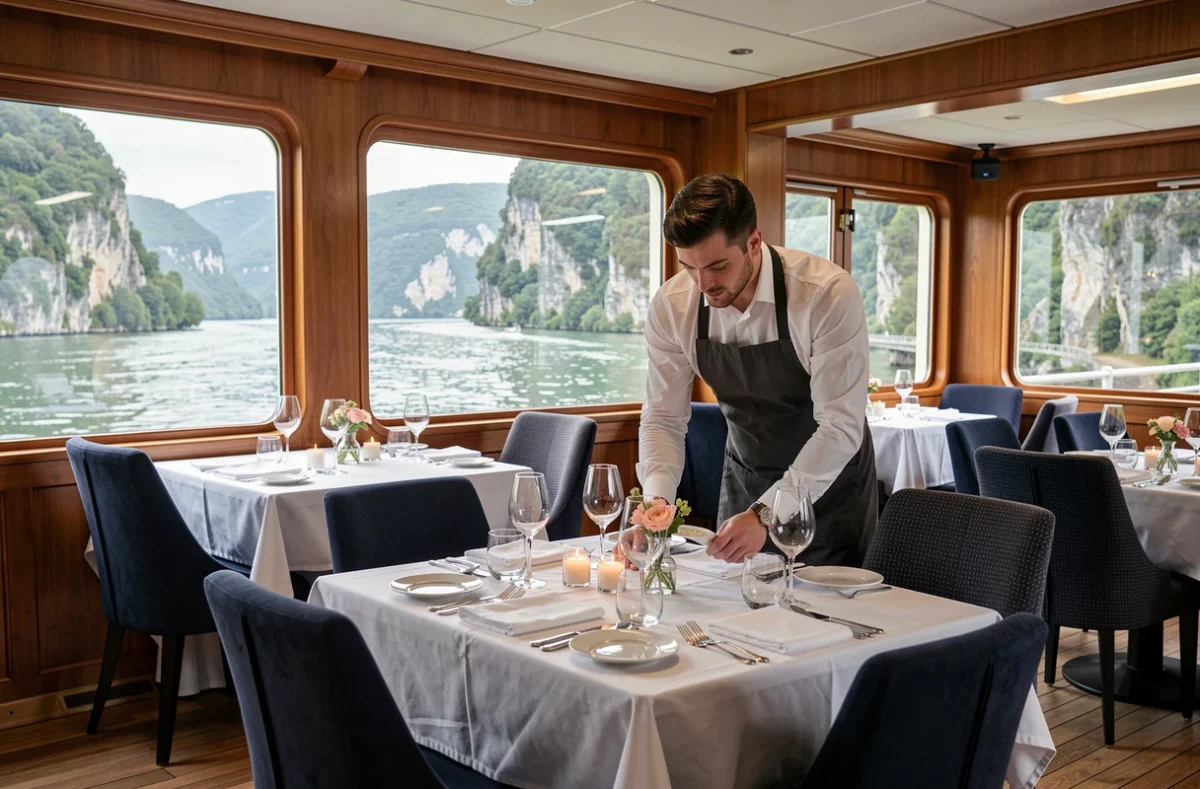Salle à manger élégante d'un bateau de croisière sur le Rhin avec vue panoramique sur les gorges du fleuve