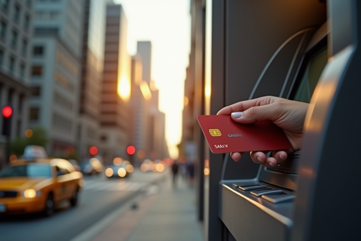 Main insérant une carte dans un ATM en ville aux USA