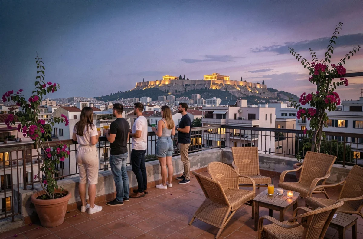 Groupe de personnes sur un rooftop bar du quartier Psiri à Athènes au crépuscule, avec l'Acropole illuminée visible en arrière-plan