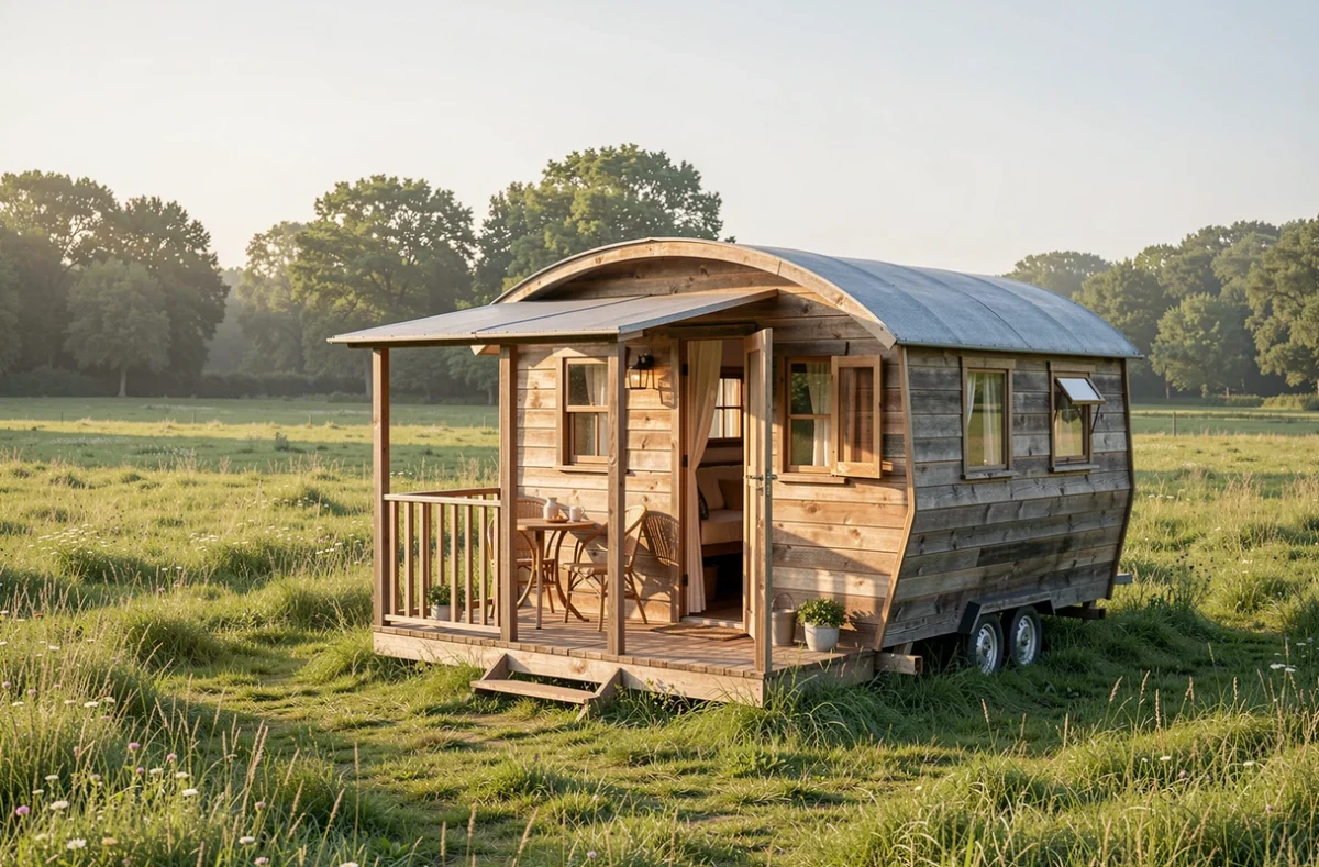Roulotte en bois installée dans une prairie au petit matin