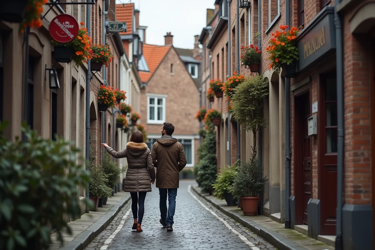 Couple se promenant dans une ruelle pavée d'une ville belge méconnue avec des façades à pignons à gradins typiques