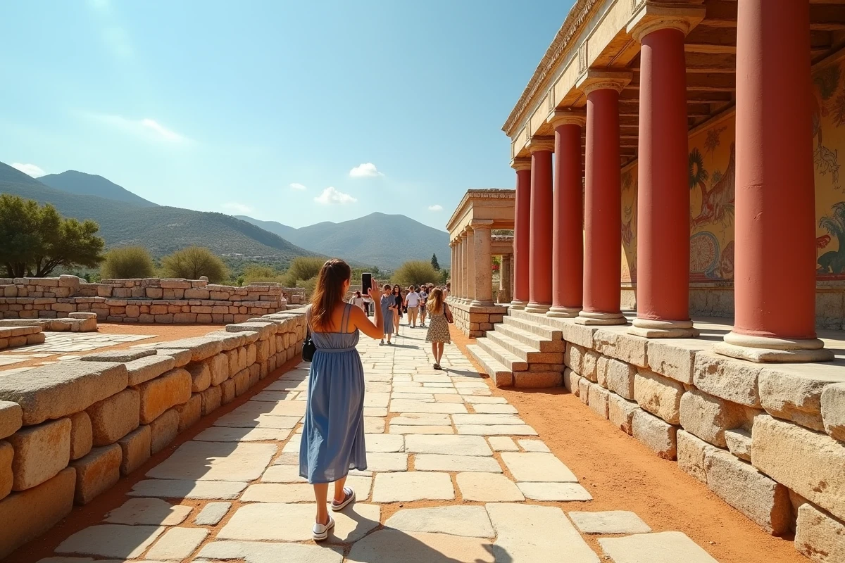 Touriste visitant les ruines minoennes du palais de Knossos avec les c&eacute;l&egrave;bres colonnes rouges restaur&eacute;es en Cr&egrave;te