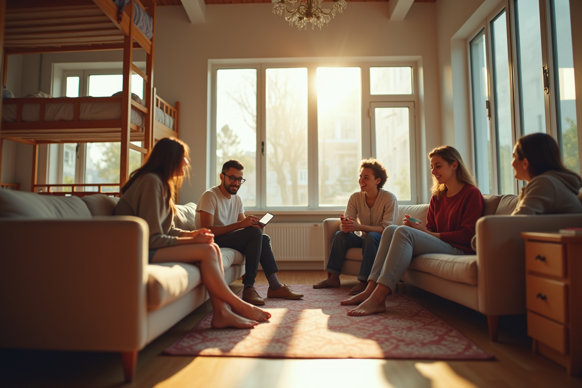 Salle commune lumineuse avec voyageurs et lits superposes