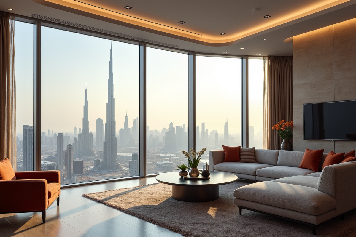 Salon de luxe avec vue sur Dubai et Burj Khalifa