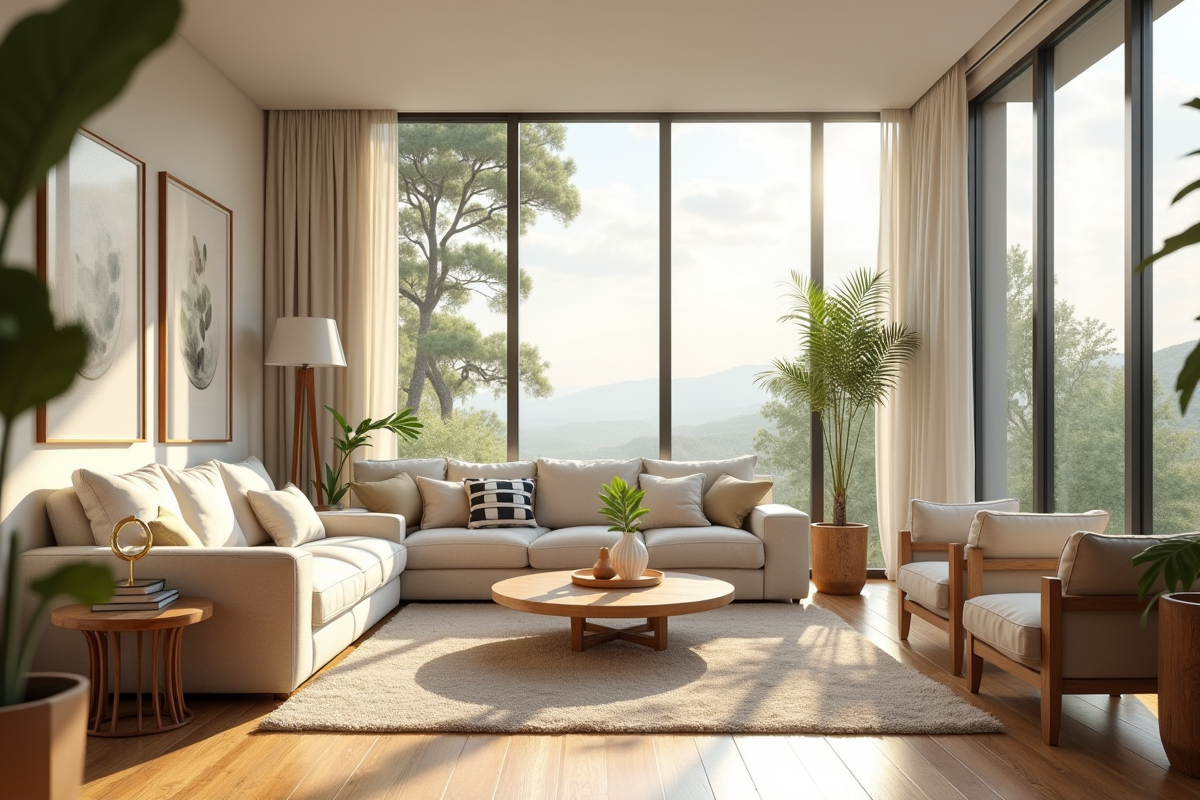 Salon lumineux d'une location de vacances moderne avec grande fenetre