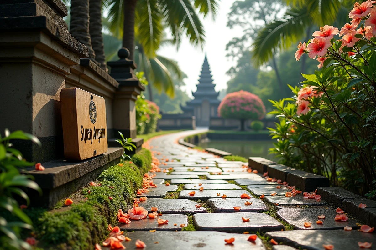 Sentier pittoresque longeant les douves du temple Taman Ayun à Mengwi, entouré de végétation tropicale