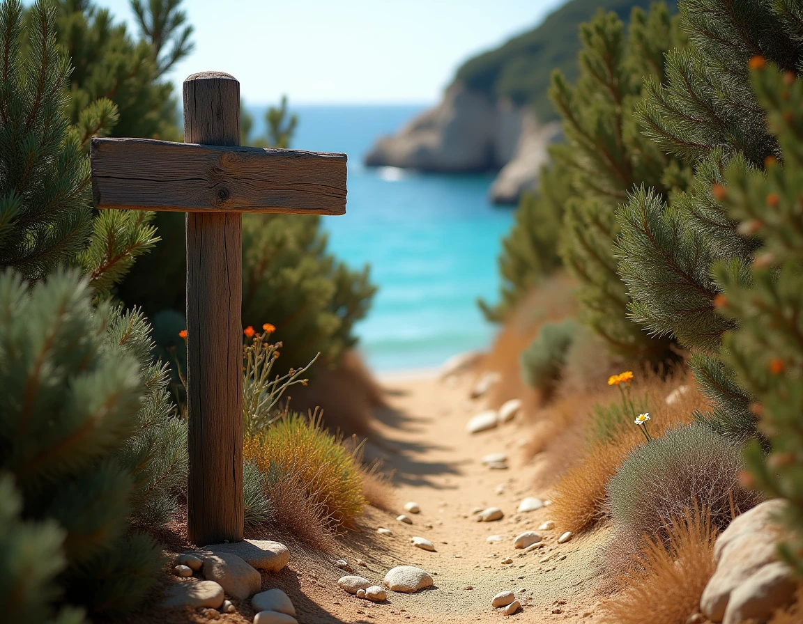 Sentier de randonn&eacute;e balis&eacute; &agrave; travers le maquis corse menant &agrave; la Plage des 3 Pointes pr&egrave;s de Bonifacio