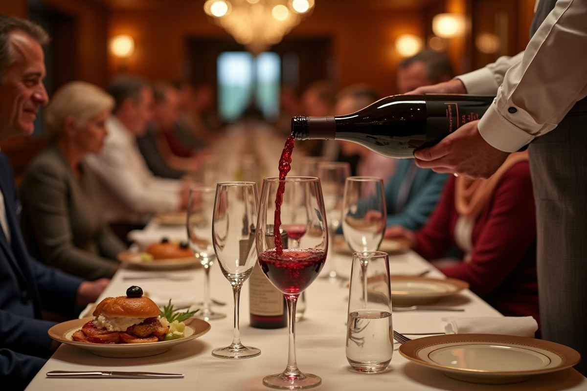 Personnel servant du vin dans un dîner à bord d