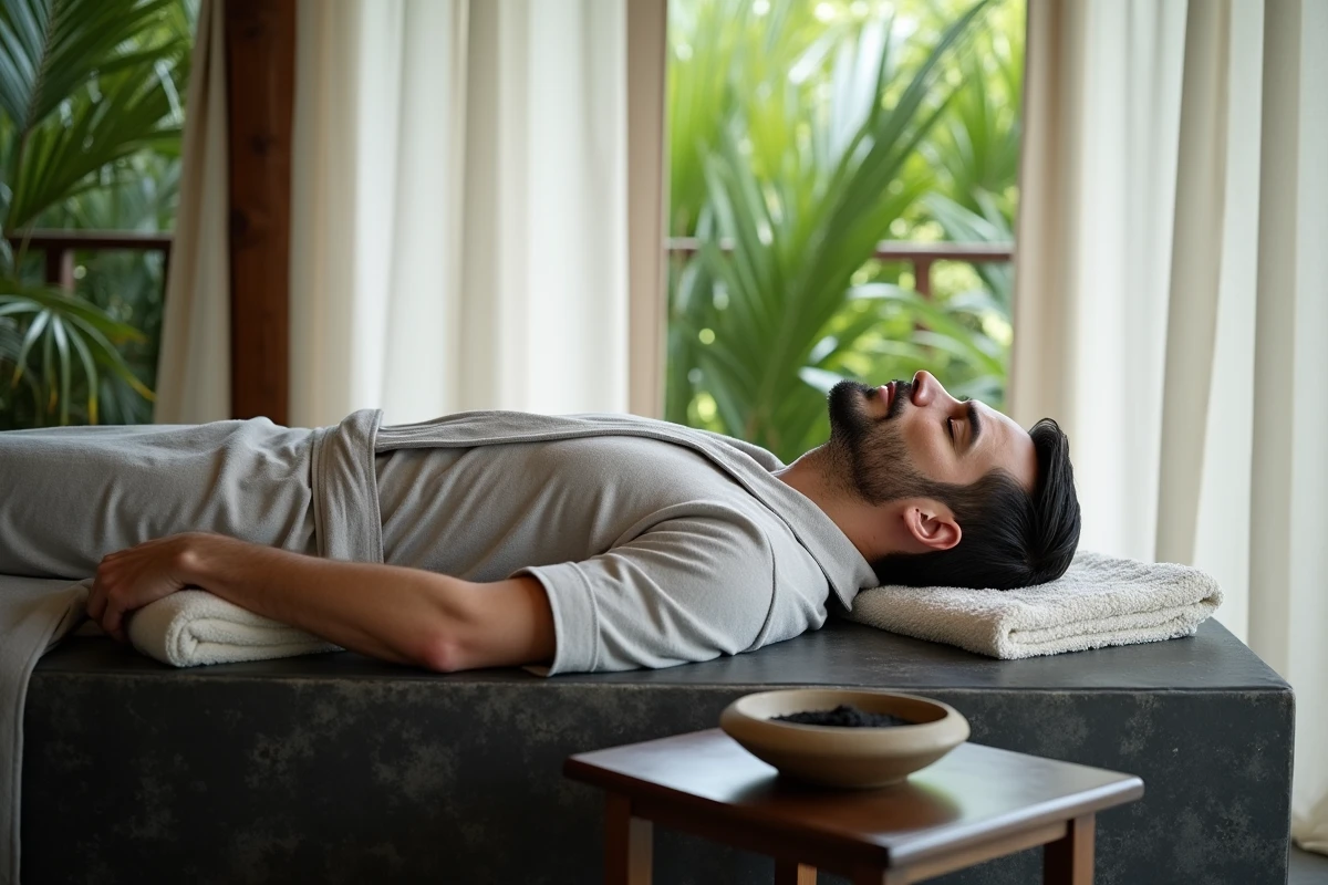 Homme en peignoir bambou recevant un soin sur table en pierre basaltique dans un spa pavilion ouvert en Guadeloupe