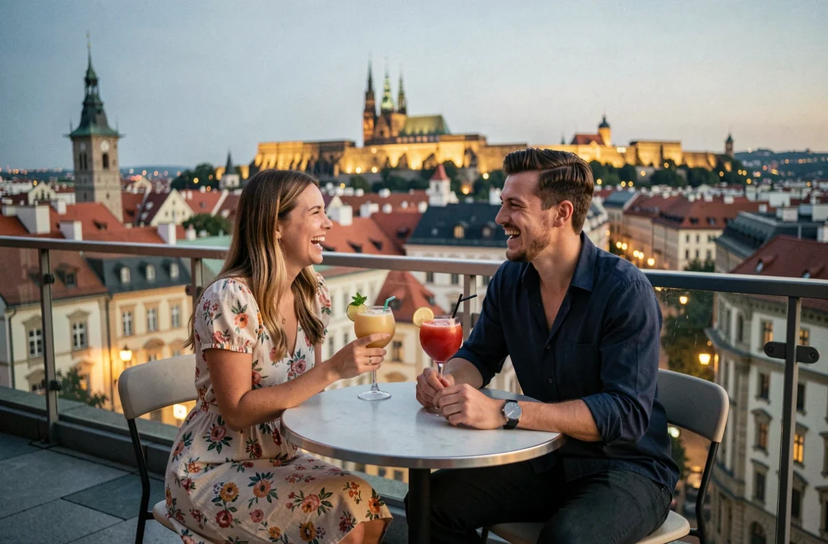 Couple profitant d'une soirée sur un rooftop bar à Prague avec vue sur le château illuminé