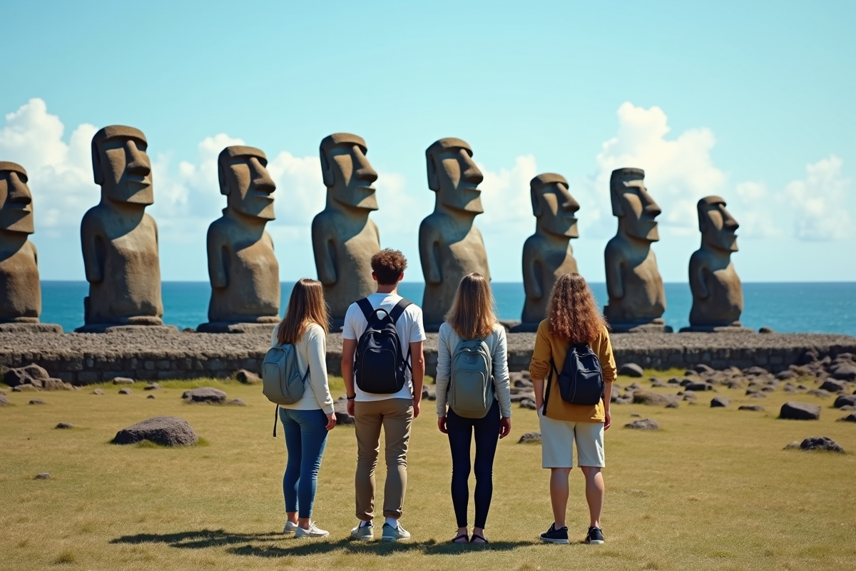 Jeunes face aux statues de l