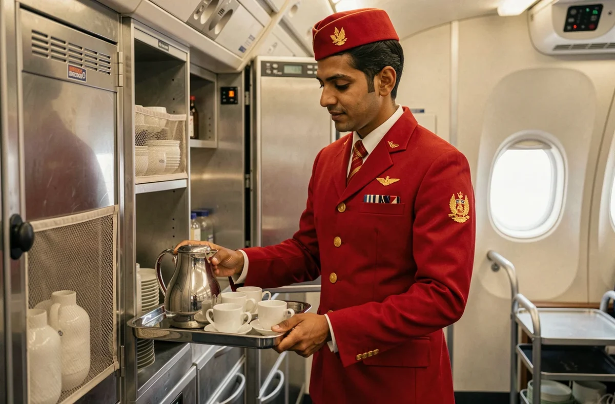 Steward Air India en uniforme rouge et or préparant un service de boissons dans le galley de l'avion