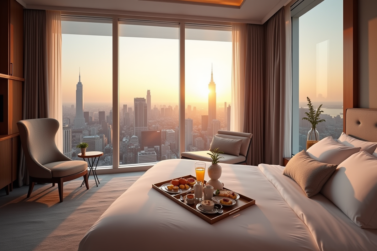 Suite d hotel élégante avec vue sur skyline au lever du soleil