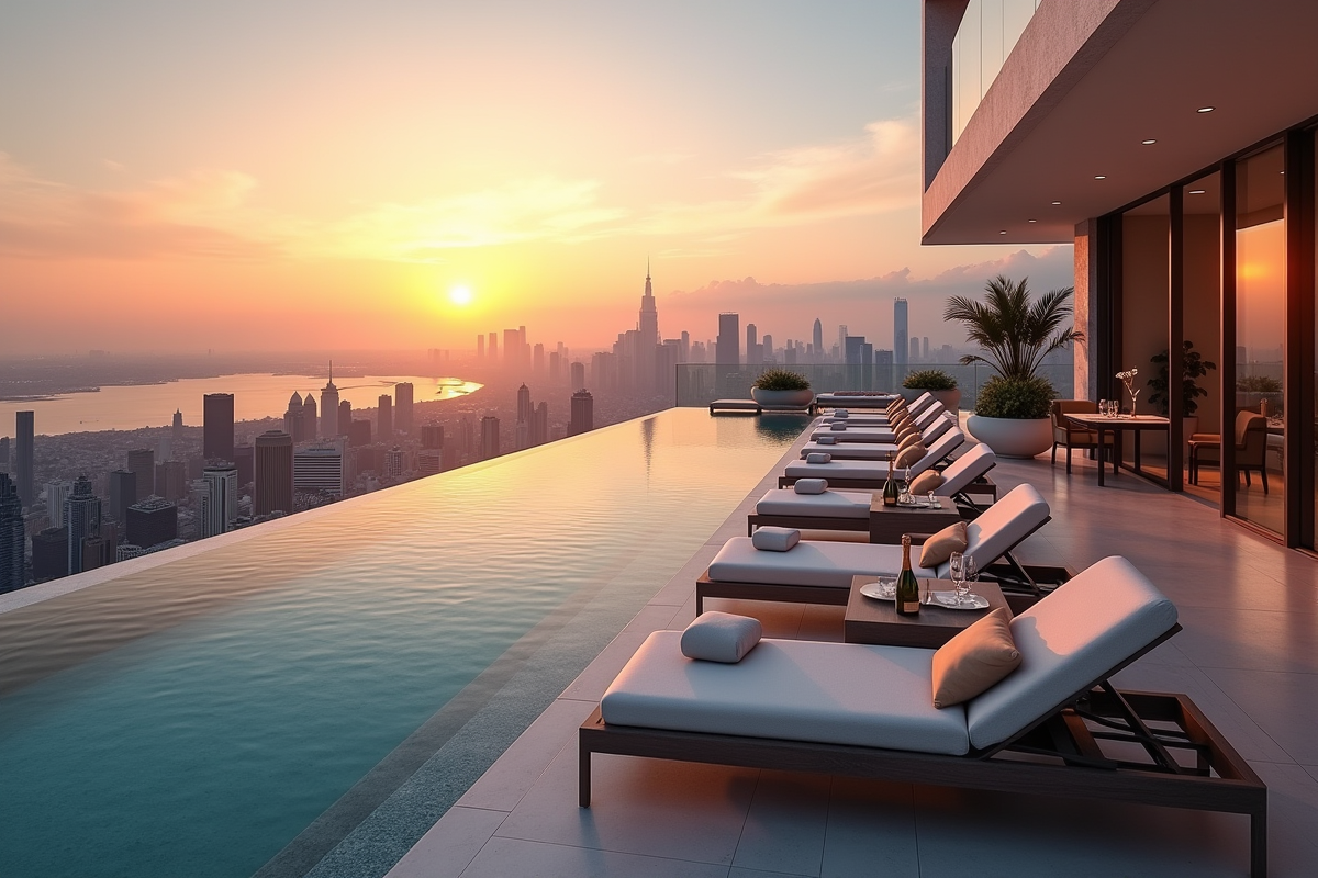Terrasse de penthouse avec piscine à débordement au coucher du soleil