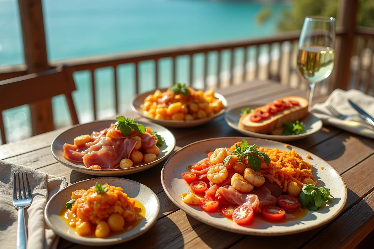 Assiettes de tapas espagnoles traditionnelles disposées sur une table en bois rustique avec vue sur la mer Méditerranée depuis un chiringuito en Andalousie