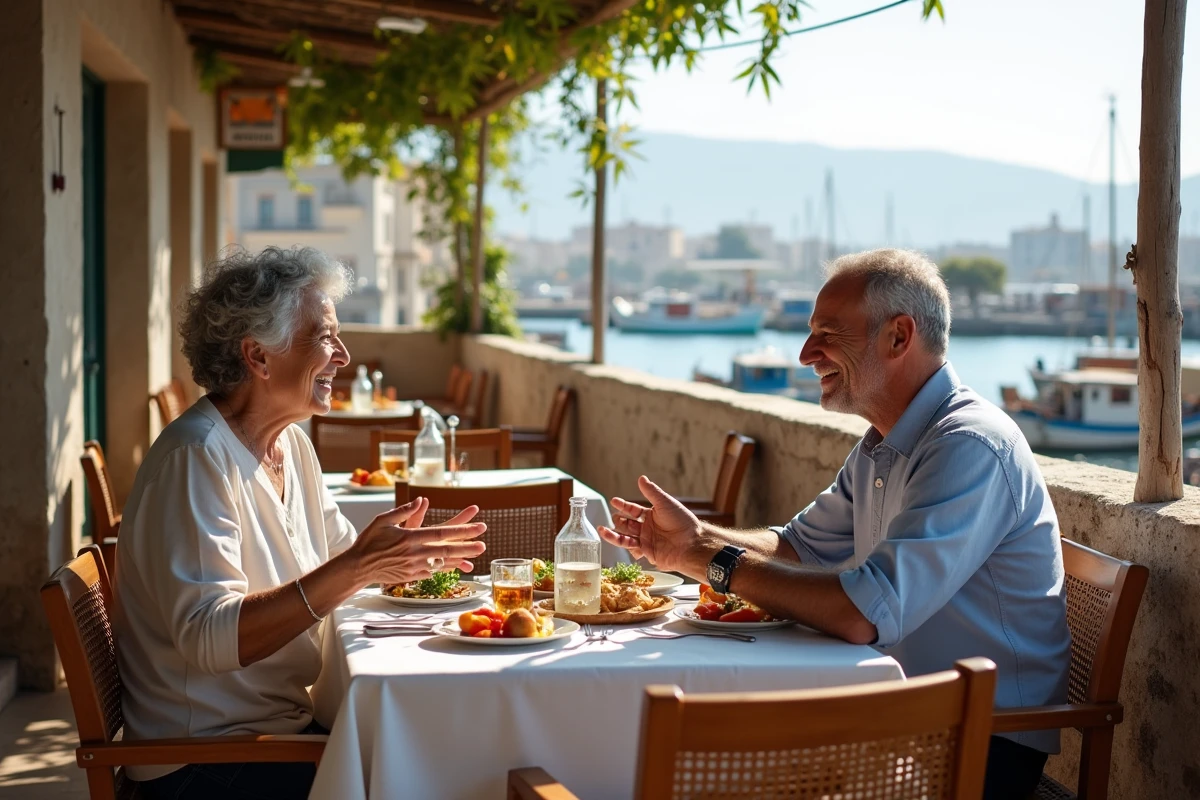 Couple savourant des mezze cr&eacute;tois dans une taverne au bord d'un port de p&ecirc;che traditionnel en Cr&egrave;te