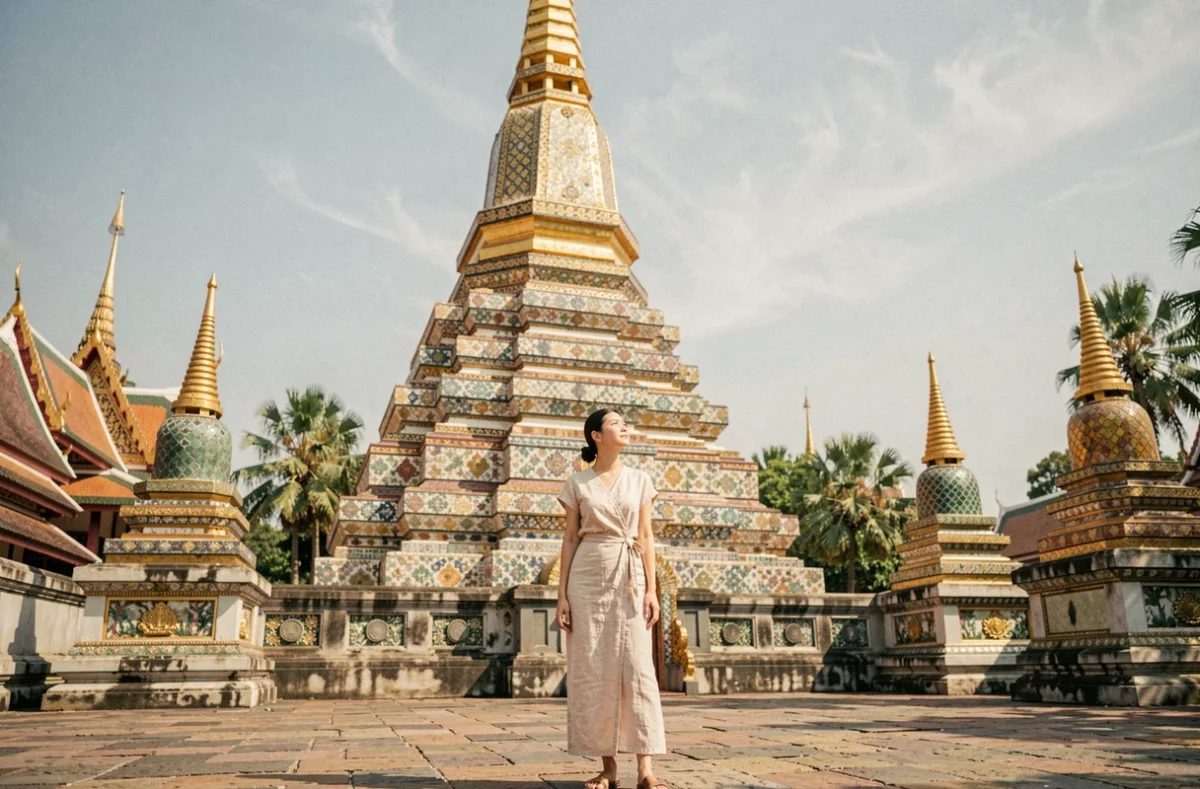 Voyageuse admirant le grand chedi doré du temple Wat Pho à Bangkok lors d'un itinéraire photo en Thaïlande