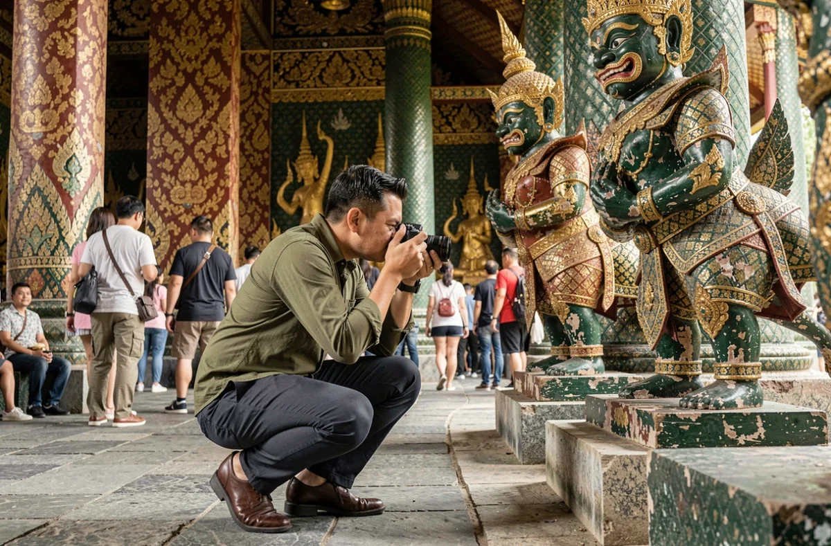 Photographe en train de cadrer les statues yaksha géantes du temple Wat Phra Kaew à Bangkok pendant un itinéraire photo en Thaïlande