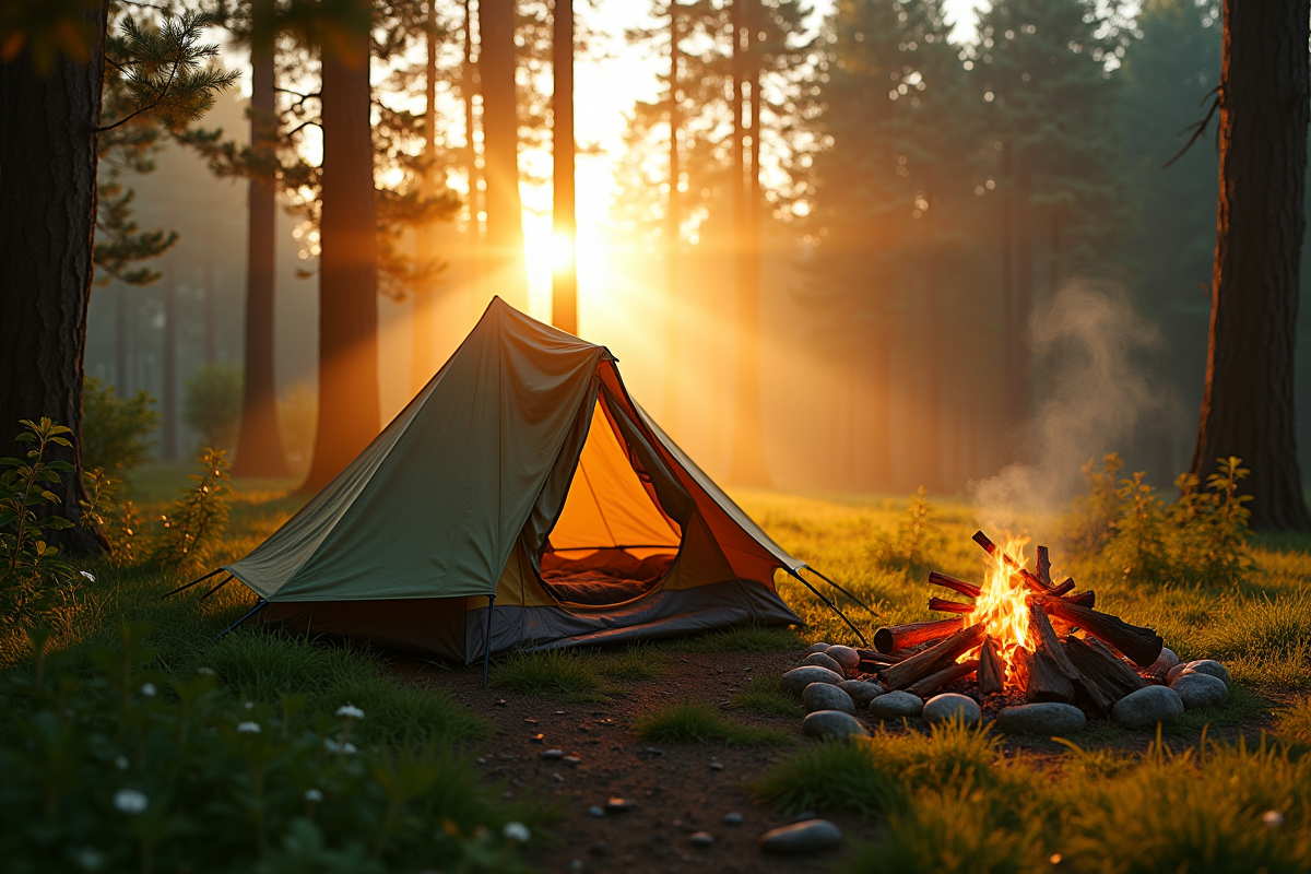 Petite tente dans une forêt au lever du soleil avec brume matinale