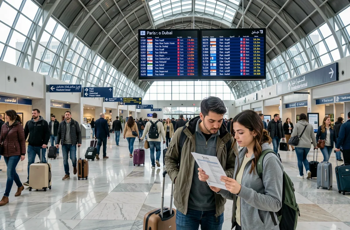 Hall de départ d'un grand aéroport international avec tableau des vols Paris Dubaï et voyageurs consultant leurs billets