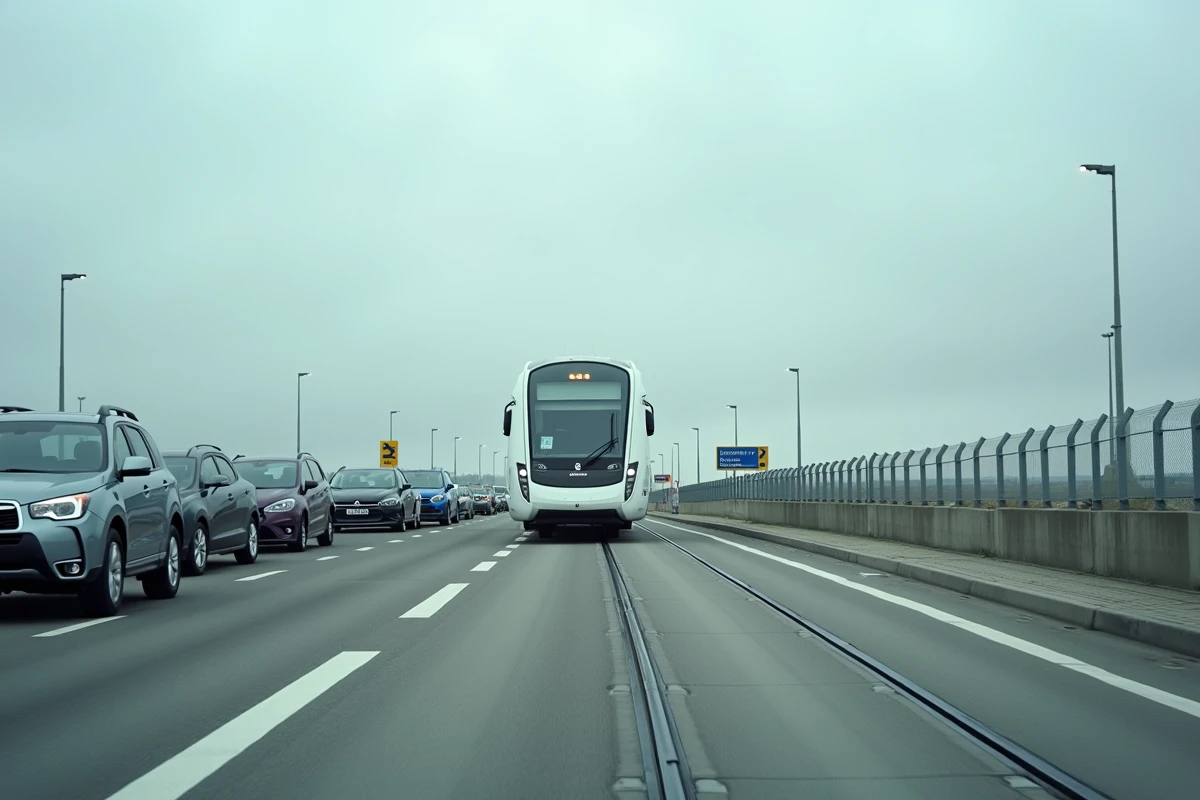 File de voitures attendant d'embarquer dans le Shuttle au terminal Eurotunnel de Coquelles