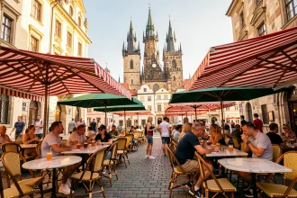 Terrasse de café animée sur la place de la Vieille Ville de Prague en été avec vue sur l'église du Týn