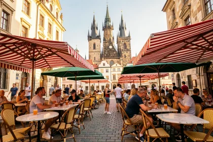 Terrasse de café animée sur la place de la Vieille Ville de Prague en été avec vue sur l'église du Týn