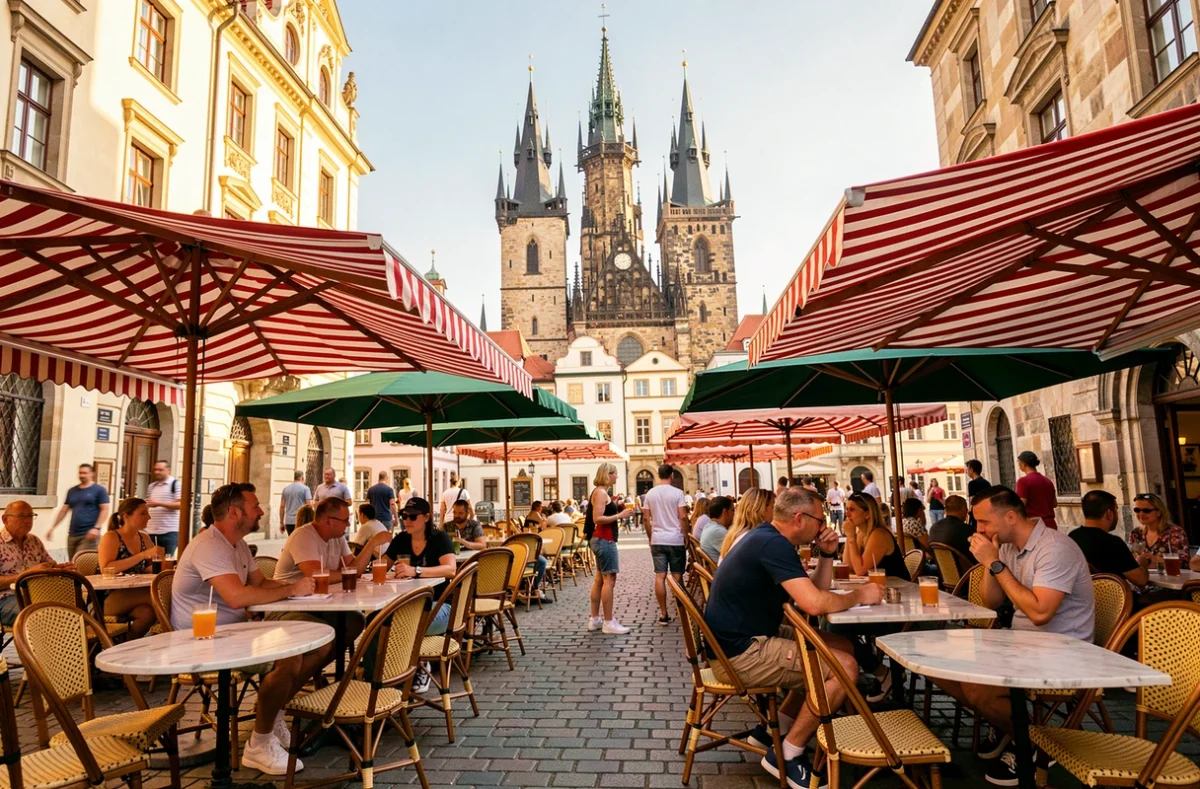 Terrasse de café animée sur la place de la Vieille Ville de Prague en été avec vue sur l'église du Týn