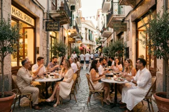 Terrasse animée du quartier Psiri à Athènes en soirée, avec des adultes attablés dans une ruelle pavée bordée de façades néoclassiques colorées