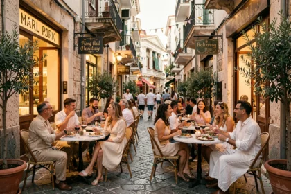 Terrasse animée du quartier Psiri à Athènes en soirée, avec des adultes attablés dans une ruelle pavée bordée de façades néoclassiques colorées