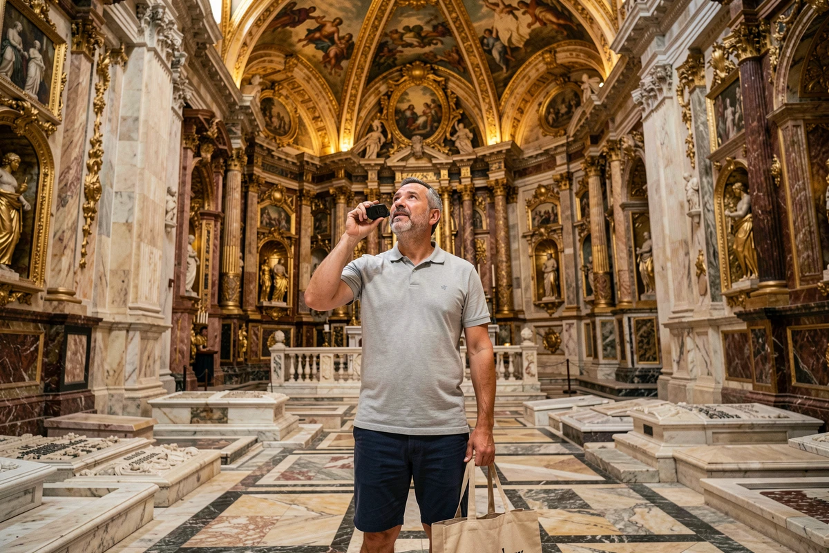 Touriste admirant l'intérieur baroque orné de la co-cathédrale Saint-Jean à La Valette, Malte