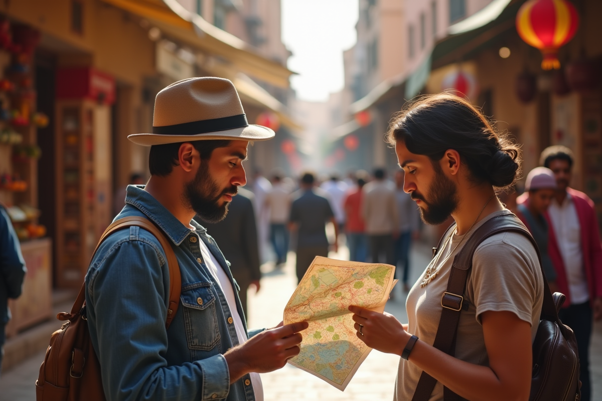 Touristes confus lisant une carte dans un marché marocain coloré