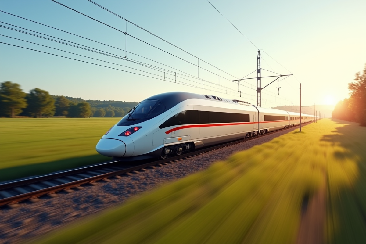 TGV moderne roulant à grande vitesse dans la campagne ensoleillée