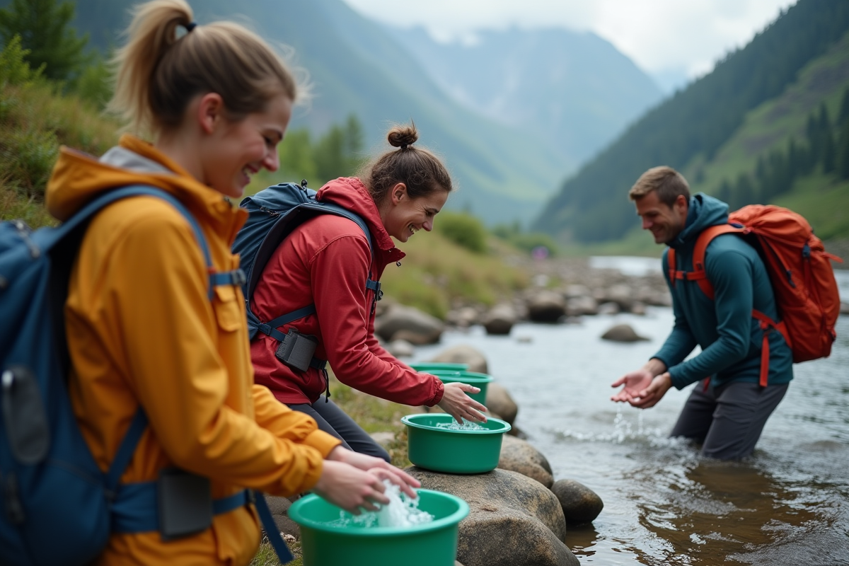 Groupe de randonneurs utilisant des bassines en pleine nature alpine