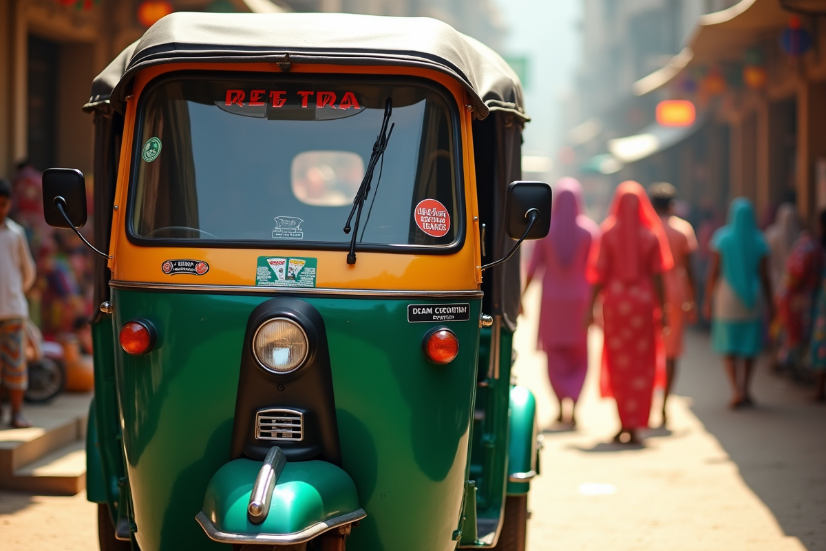 Tuk tuk indien près d'un marché animé en plein jour