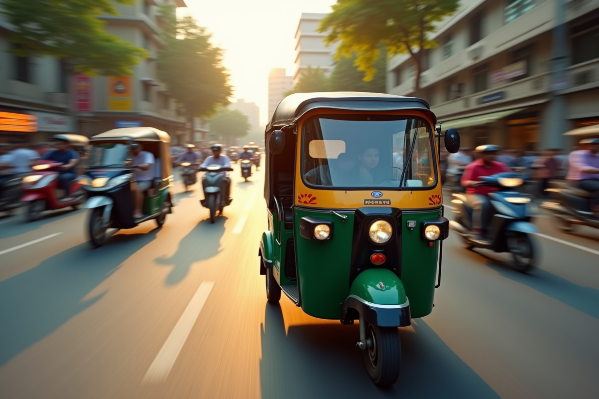 Tuk tuk roulant dans la circulation urbaine indienne