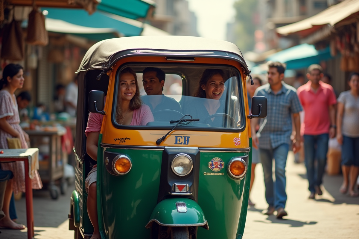 Tuktuk au marché animé avec passagers en discussion