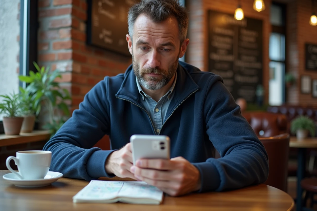 Homme utilisant une application de carte hors ligne de l'Allemagne dans un café lors d'un voyage