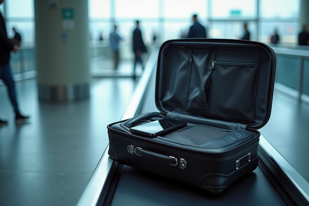 Valise organisée sur un tapis de sécurité aéroport avec chargeur visible