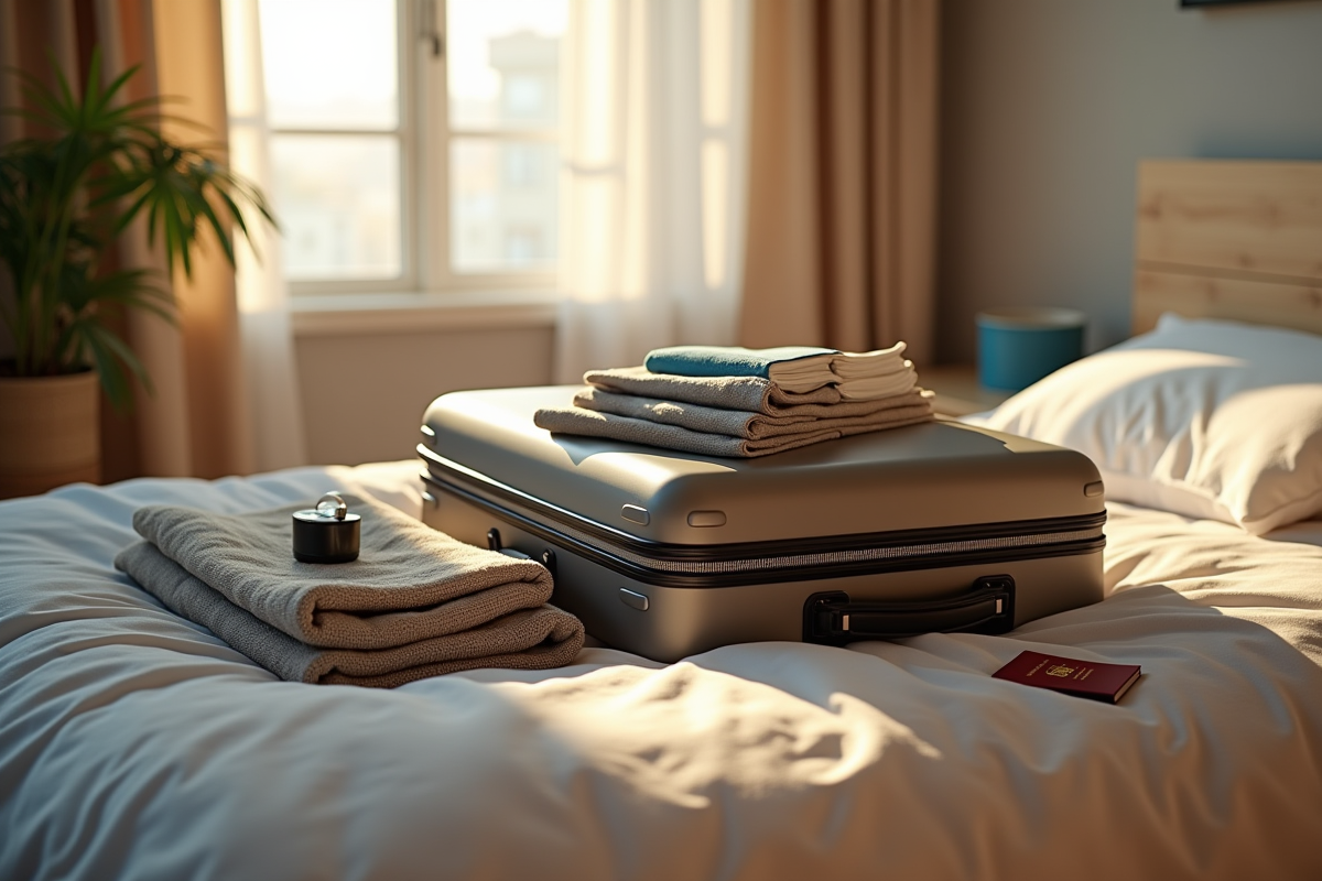 Valise prête sur un lit dans une chambre lumineuse et cosy