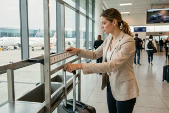 Femme vérifiant la conformité de sa valise cabine dans un gabarit de contrôle à l'aéroport