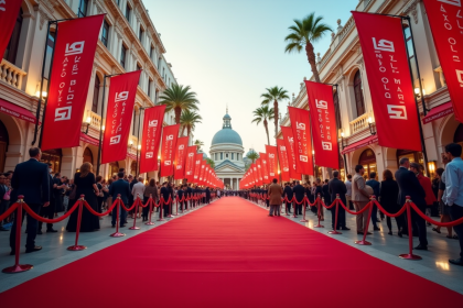 Entrée du festival de Venise avec tapis rouge et foule