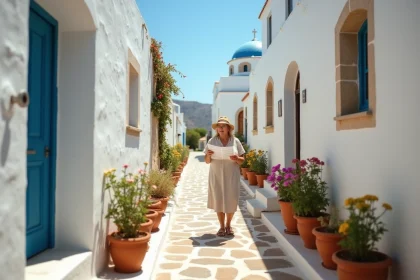 Ruelle blanche typique d'un village de Kythira avec une voyageuse explorant les pavés fleuris de l'île grecque