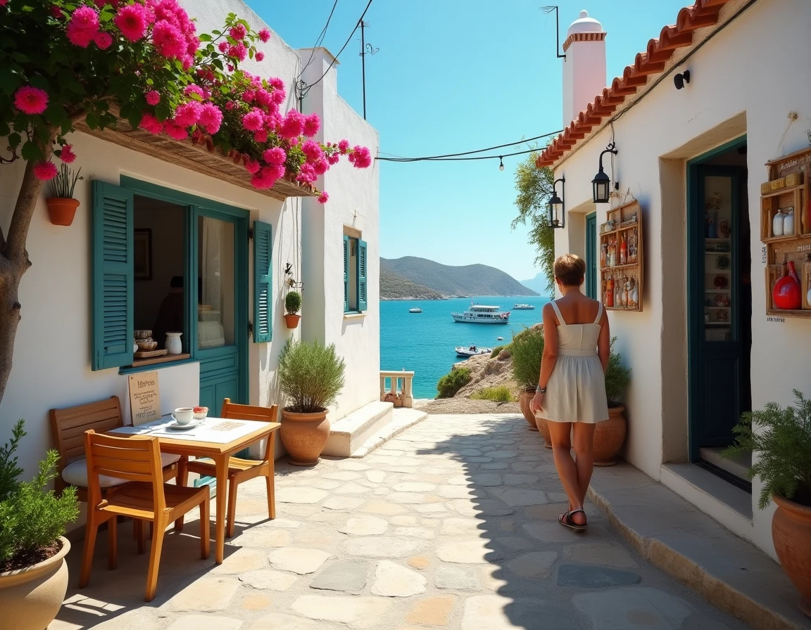Village côtier grec de Limeni avec maisons blanchies à la chaux, terrasse de café et boutique locale typique