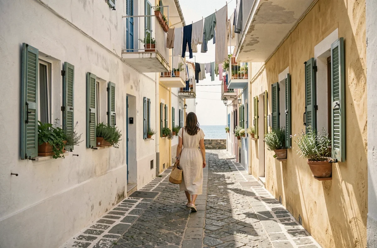 Ruelle pavée typique du village de Santa Marina sur l'île de Salina dans l'archipel des Éoliennes avec maisons blanchies à la chaux